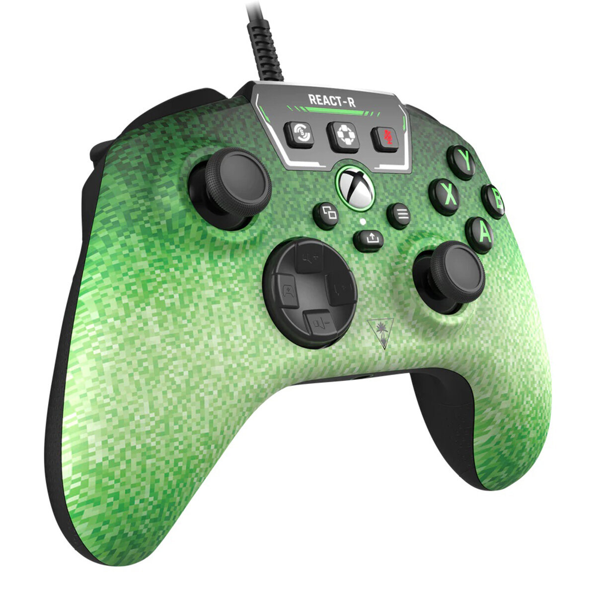 Zielono-czarny kontroler React-R Xbox z różnymi przyciskami i pikselowym wzorem.