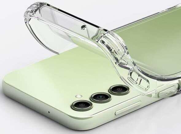 Telefon z zielonym tyłem, przezroczyste etui. Etui jest na górze telefonu.