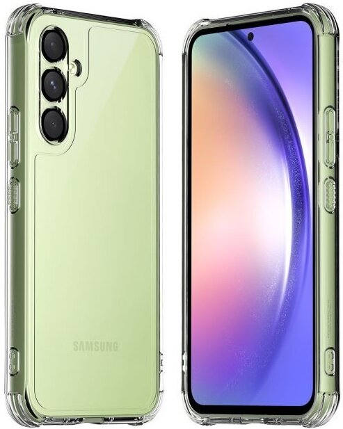 Telefon w przezroczystym etui ochronnym, pokazujący tył z aparatami i ekranem.