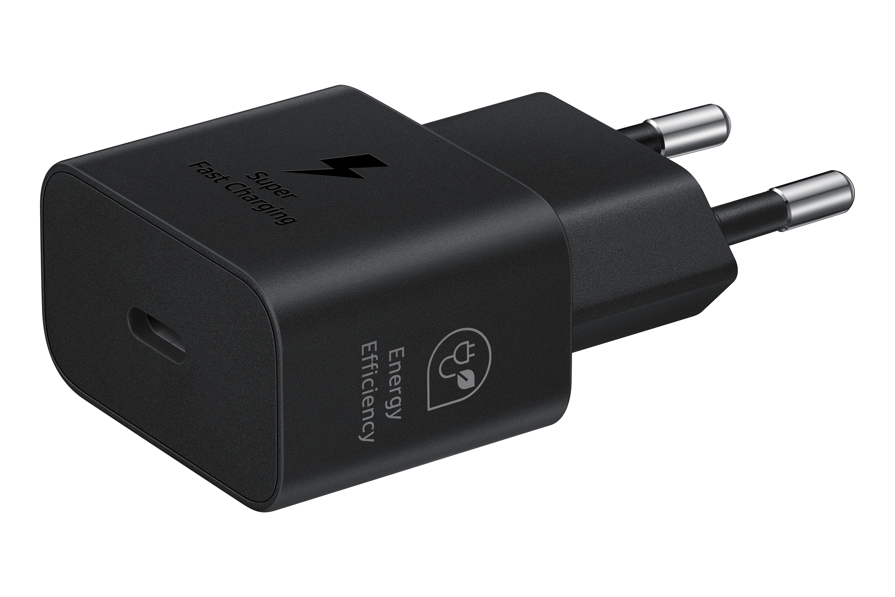 Cargador Samsung negro con puerto USB-C y dos clavijas. Se ven las palabras 'Super Fast Charging'.