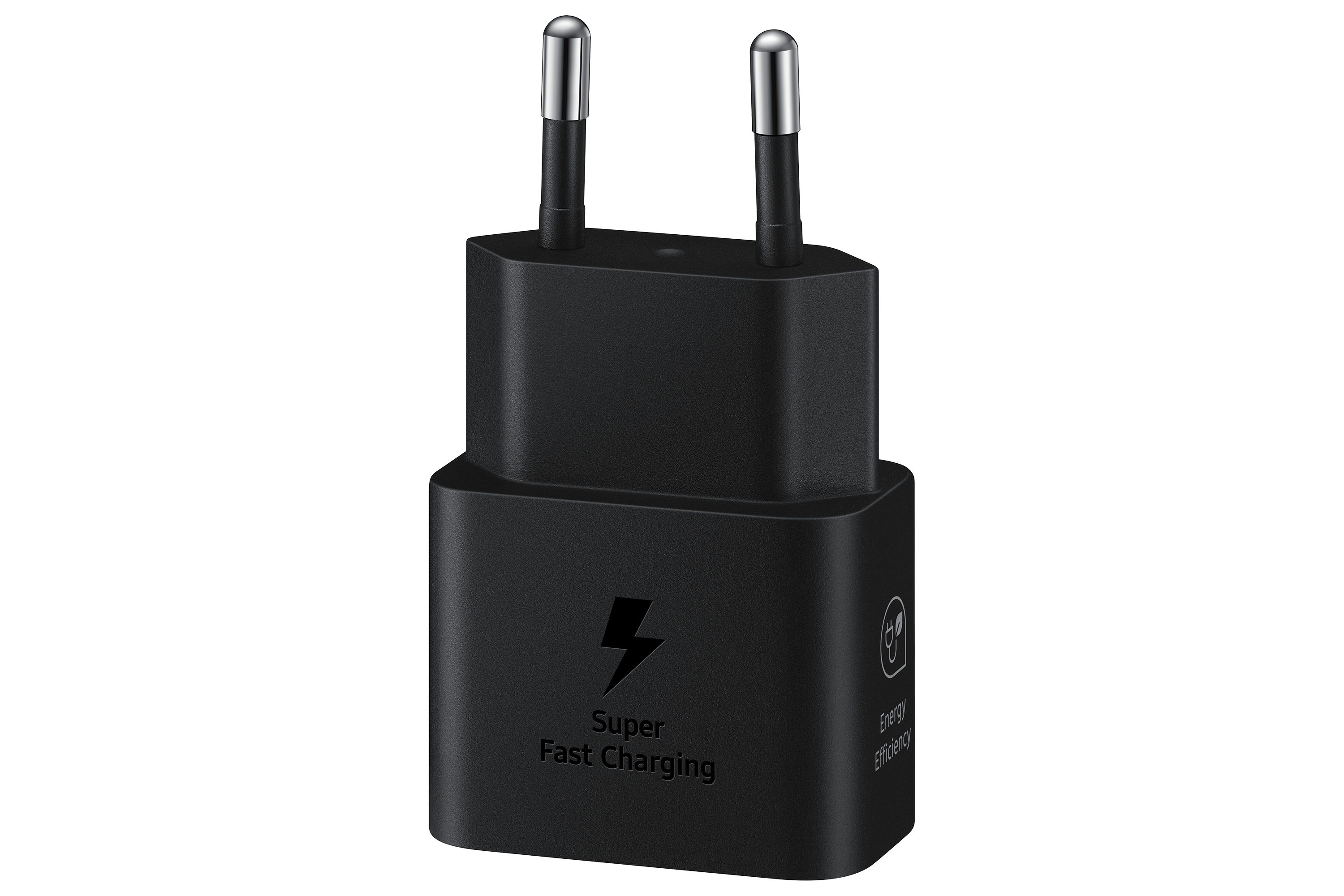 Adaptador de carga súper rápida Samsung negro con símbolo de rayo.