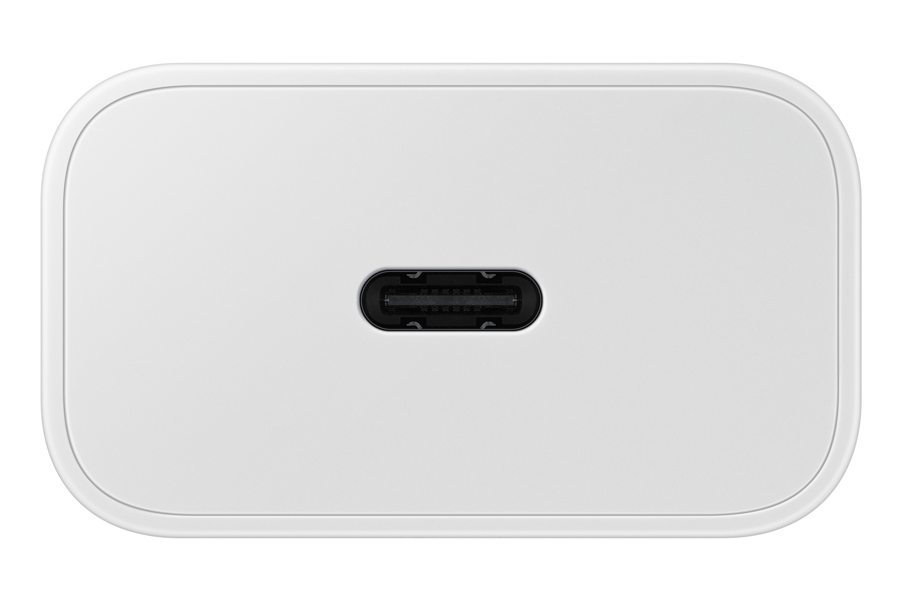 Puerto de carga USB-C blanco. Forma rectangular con bordes redondeados y puerto negro en el interior.