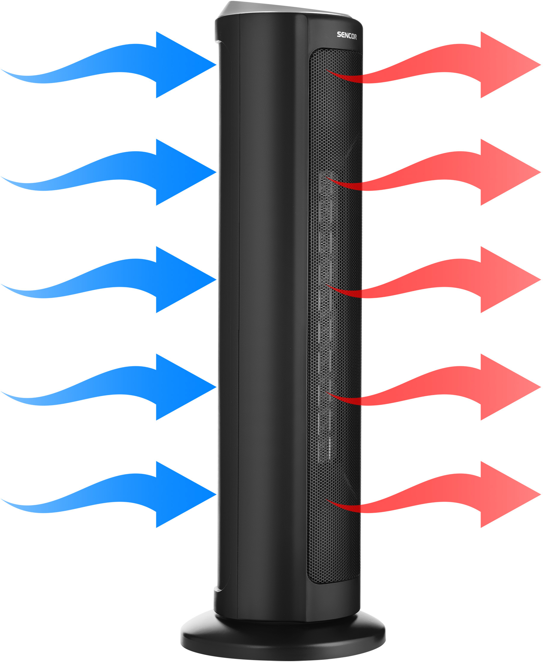 Fekete-ezüst toronyventilátor kék és piros nyilakkal, amelyek a légáramlást jelzik.