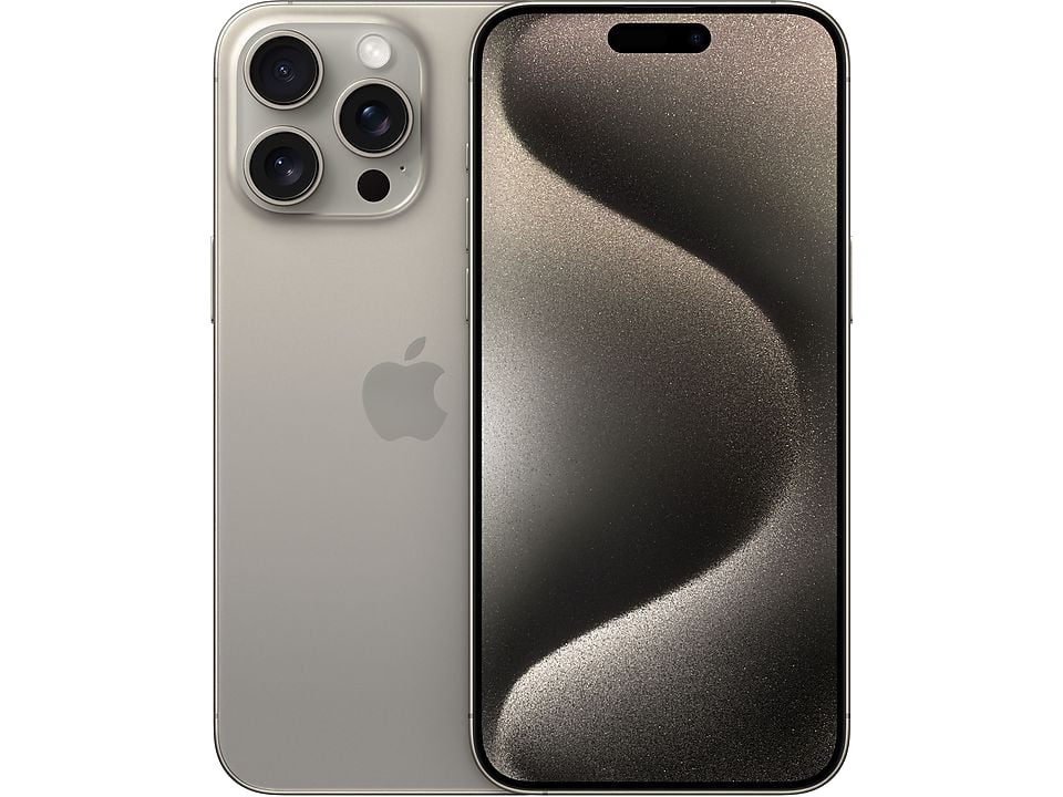 Un iPhone con tres cámaras, una parte trasera plateada y una pantalla que muestra un patrón oscuro y ondulado.