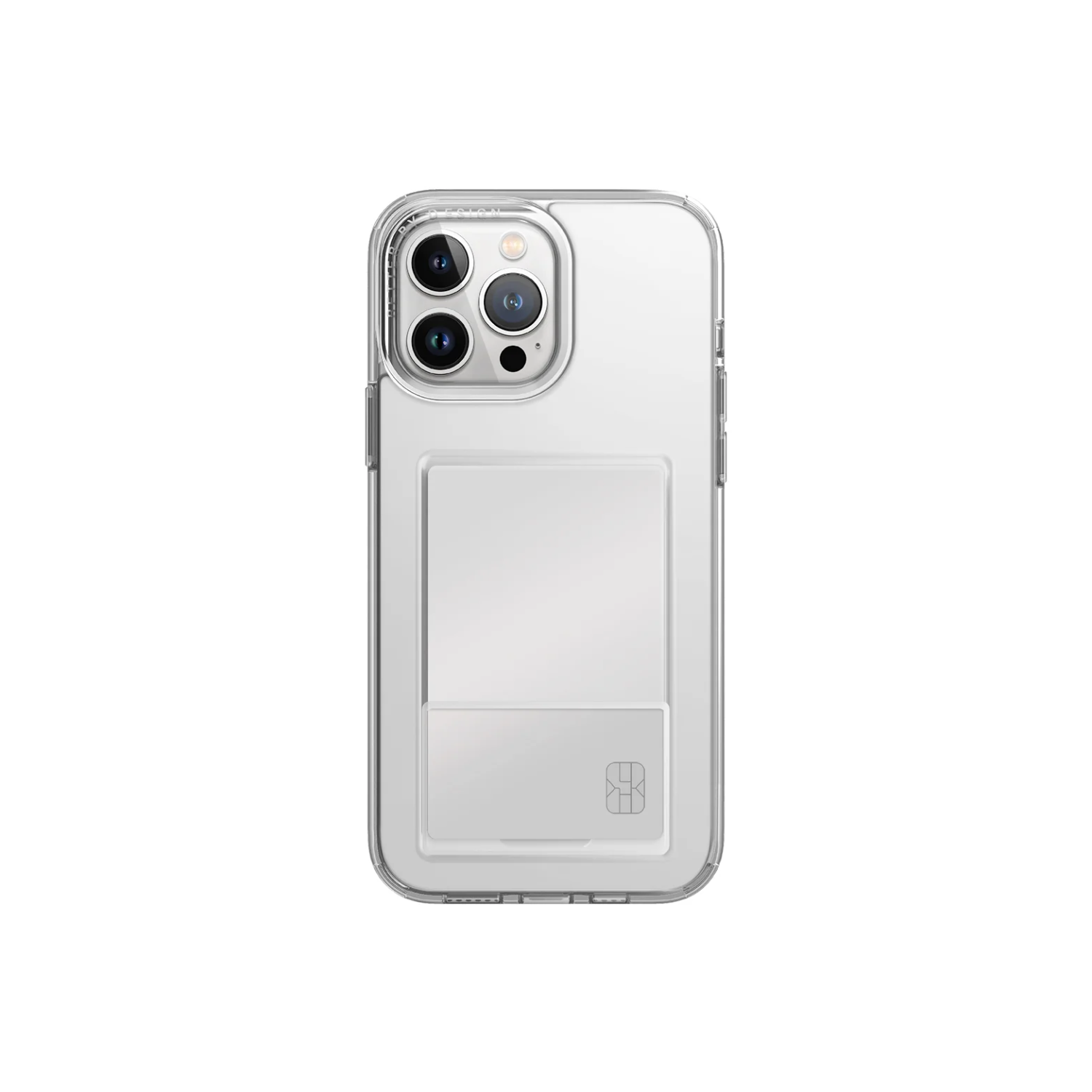 A clear phone case with a card holder on the back, showcasing the camera and phone details.