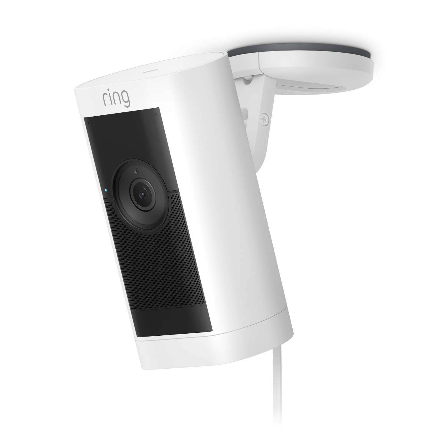 A white Ring security camera with a black lens, mounted on a wall.