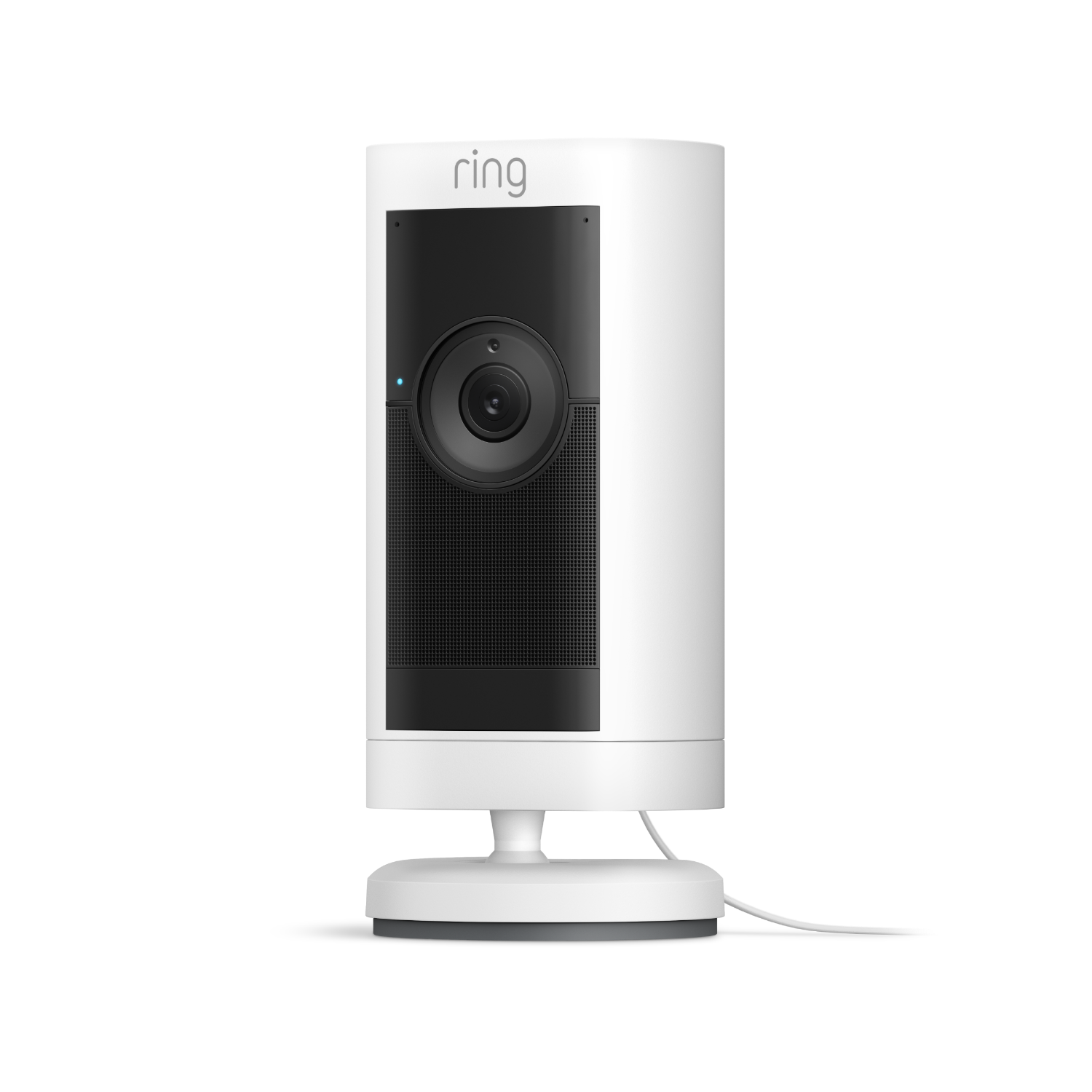 White security camera with a black front, and a white base, on a black background.