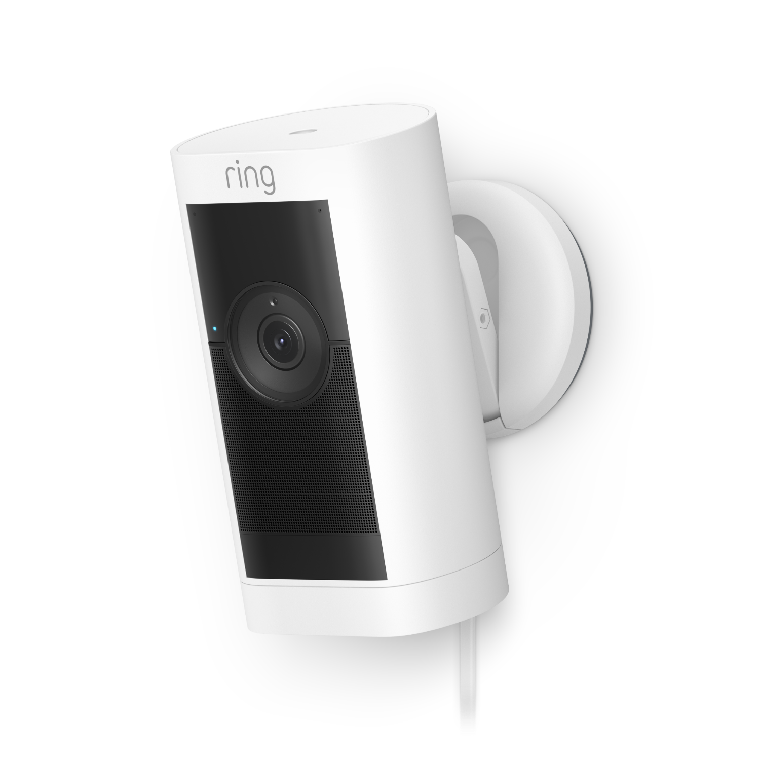 White security camera with black front, mounted on a white curved bracket.