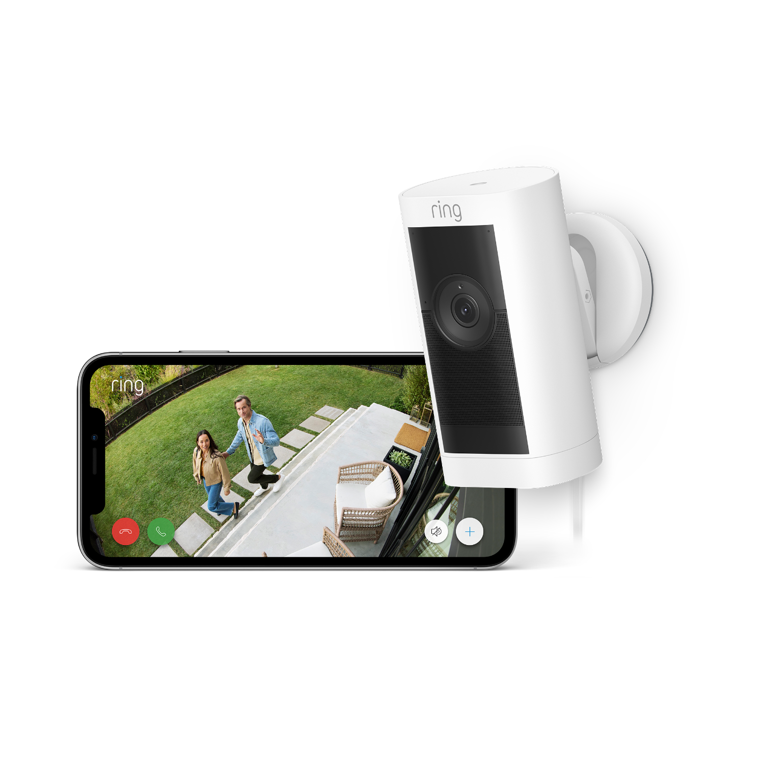 Ring security camera mounted on a white wall with an image of people on a phone.