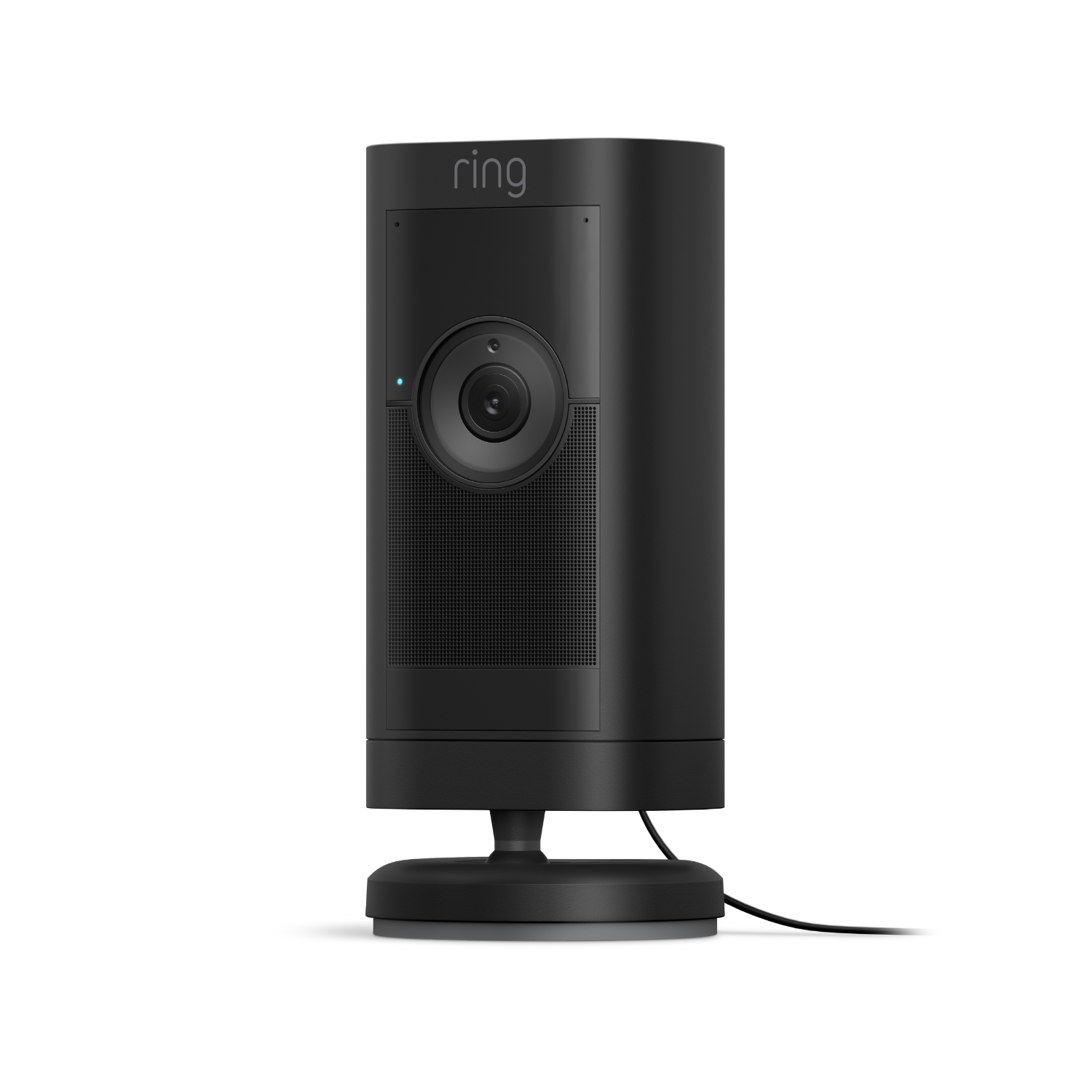 Black Ring security camera, cylindrical shape, on a black base. Dark background.