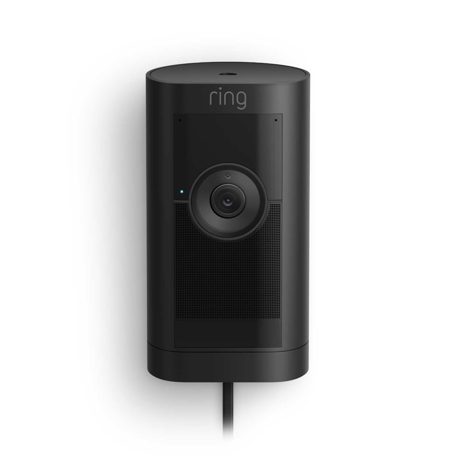 A black security camera with a black background.