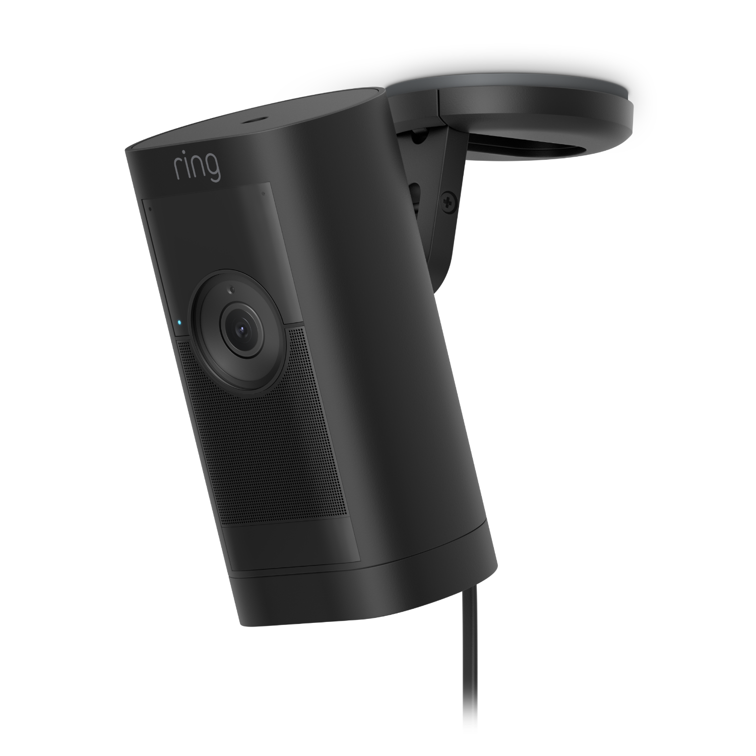 Black Ring security camera mounted on a wall bracket, with a lens and a light.