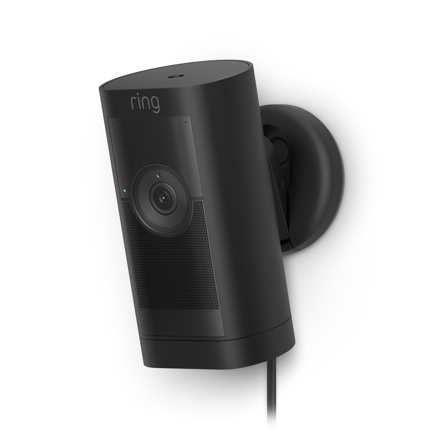 Black Ring security camera mounted on a black wall bracket, with a blue light.