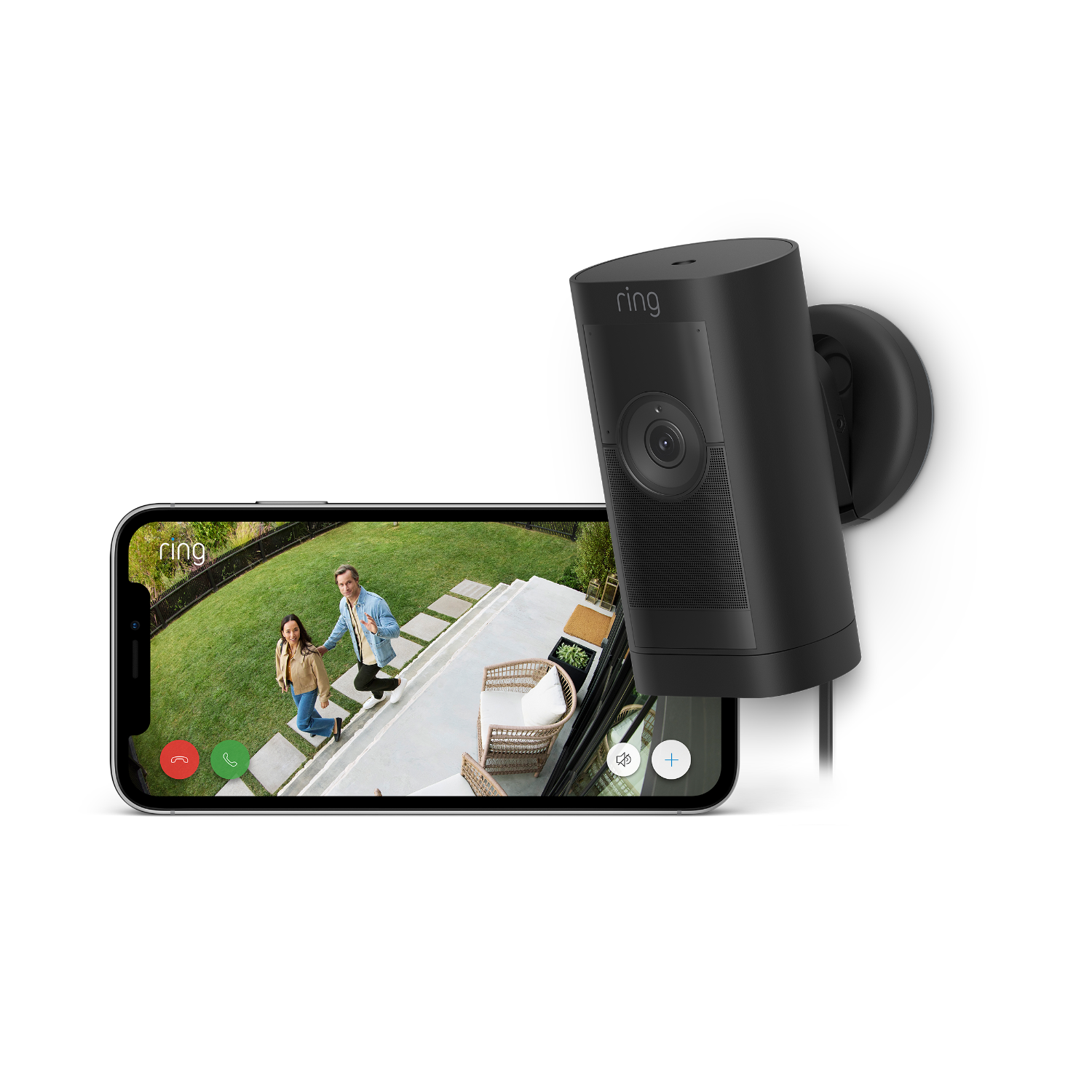 Ring security camera and a phone showing a live video feed of a man and girl.
