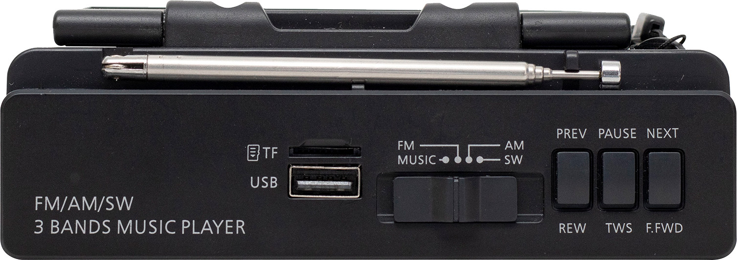 Fekete rádiólejátszó gombokkal, USB-porttal és antennával.