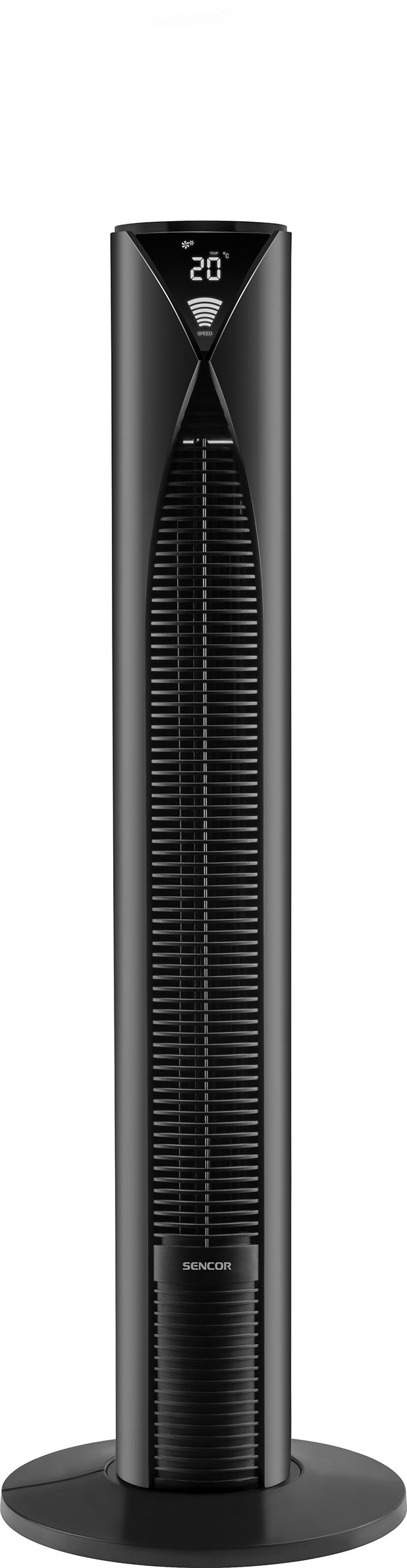Fekete toronyventilátor '20'-at mutató digitális kijelzővel. A háttér fehér.