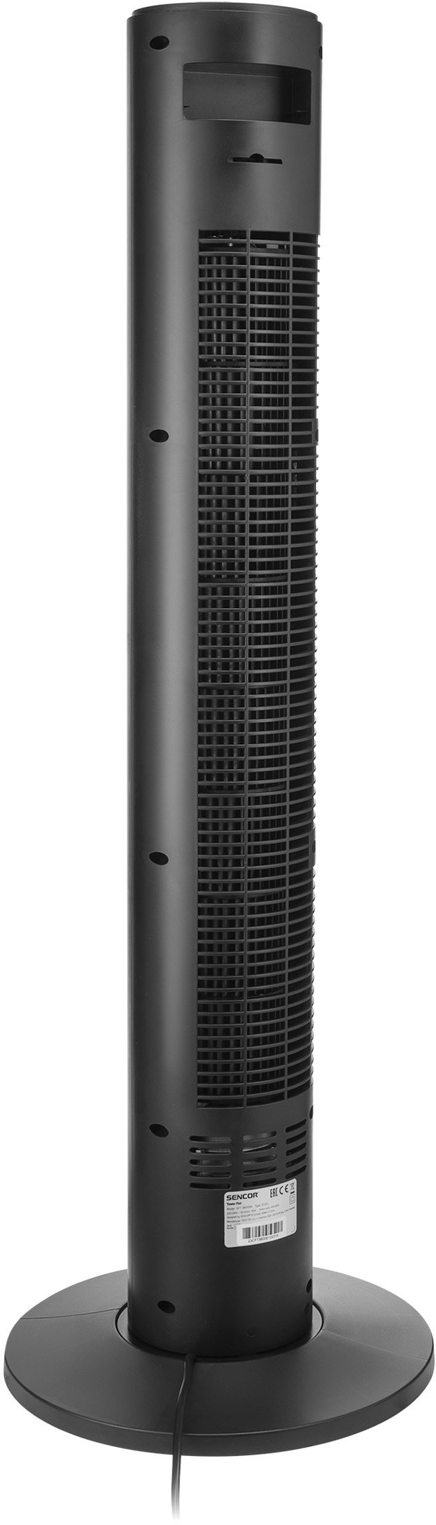 Magas fekete ventilátor. Rács kialakítás kerek alappal. Sharp márka. Függőleges design.