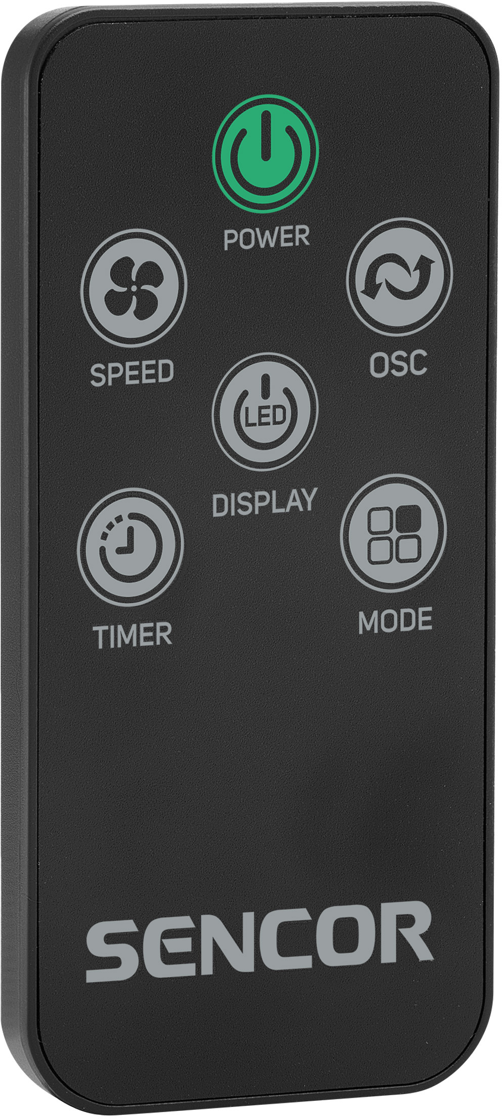 Fekete távirányító gombokkal: power, speed, osc, display, timer, mode. Alul a SENCOR logó.