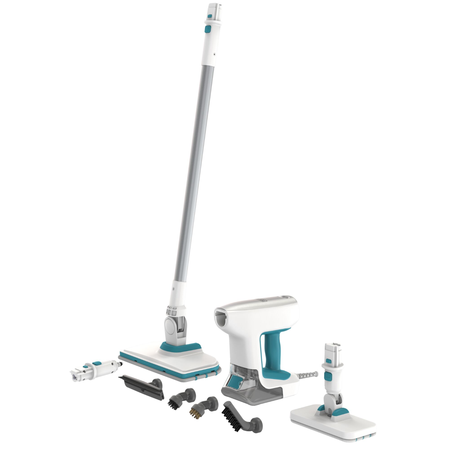White and teal vacuum cleaner with accessories, all on a white background.