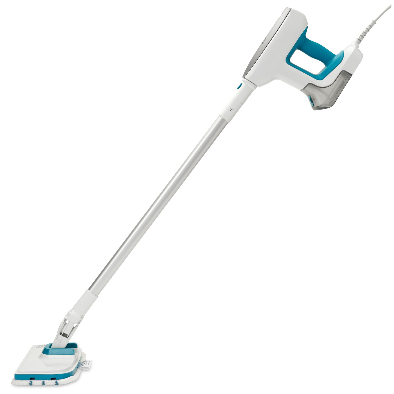 White and blue steam cleaner with a long handle and cleaning head.