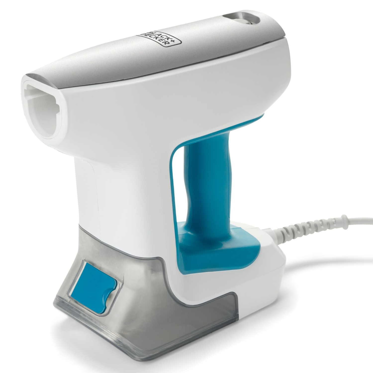 A white and blue handheld steamer with a handle, on a white background, with a power cord.