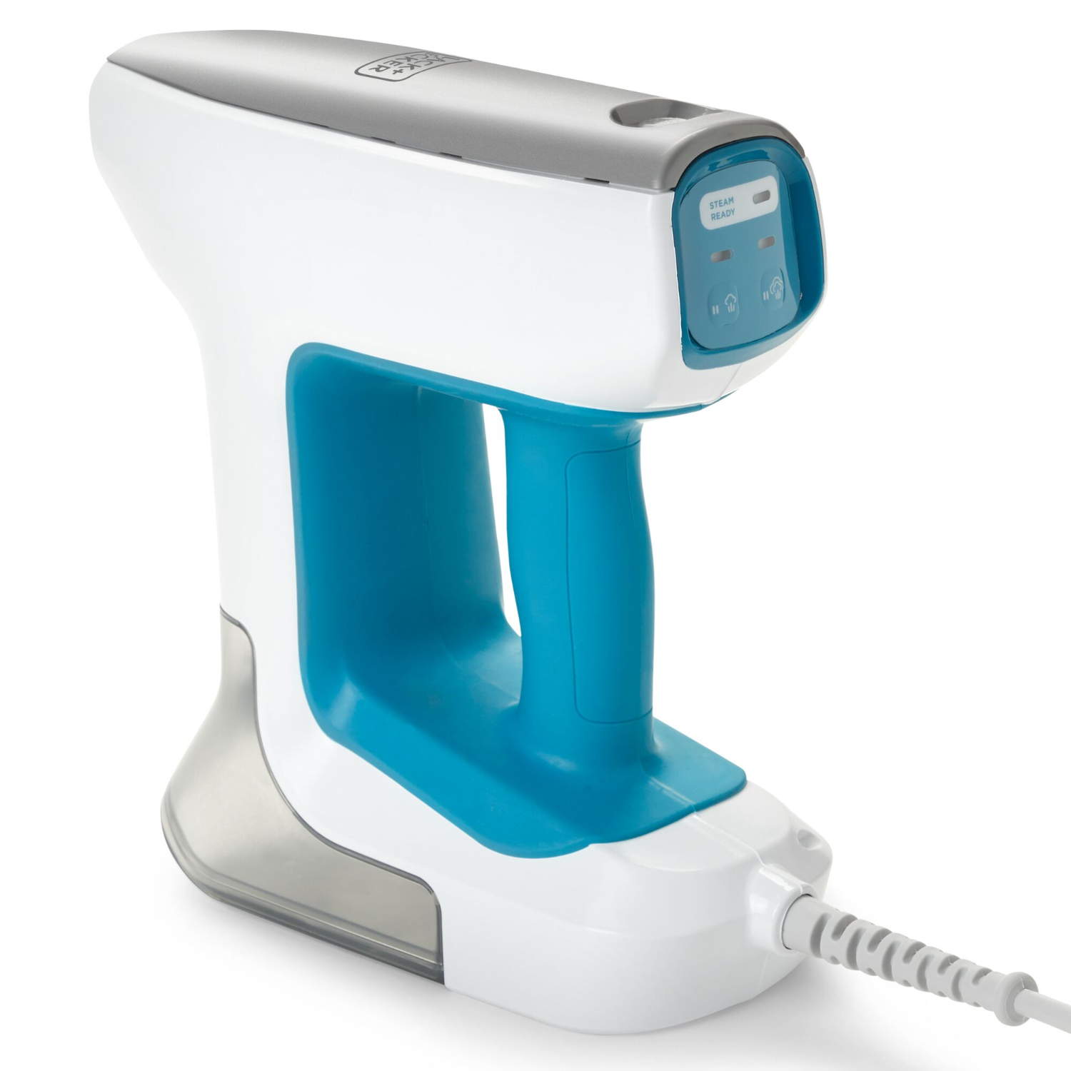 White and blue handheld garment steamer with a curved handle.