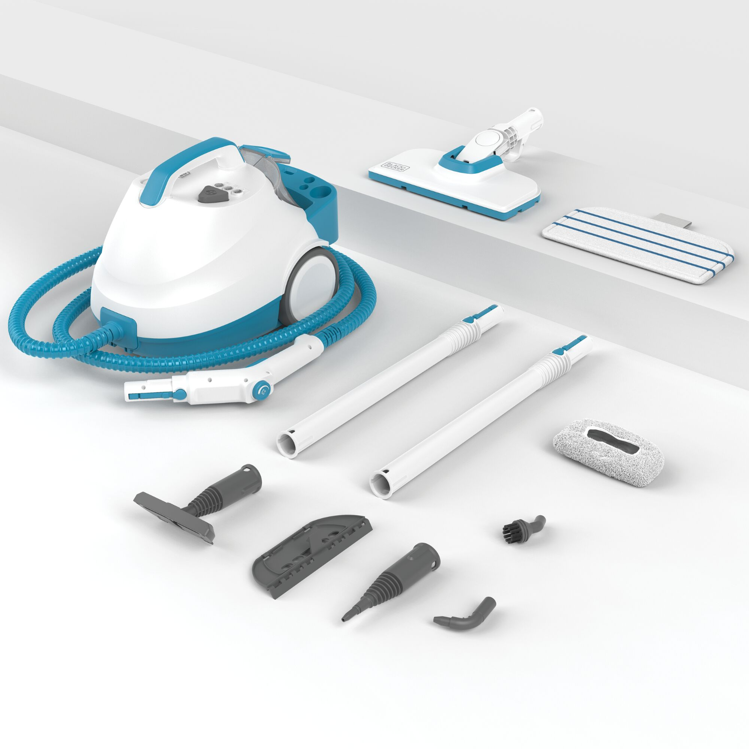 A steam cleaner with all the attachments displayed on a white surface.