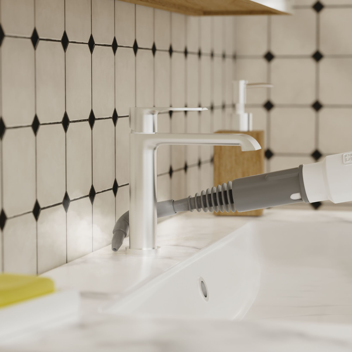 Shiny faucet over a white sink. A steam cleaner is pointed towards the faucet. The background is tiled.