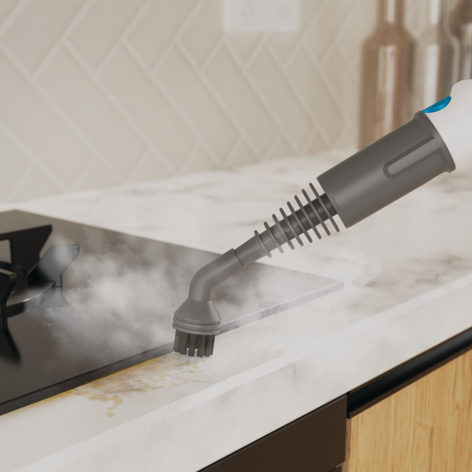 A steam cleaner cleaning a kitchen countertop. Steam is coming out.