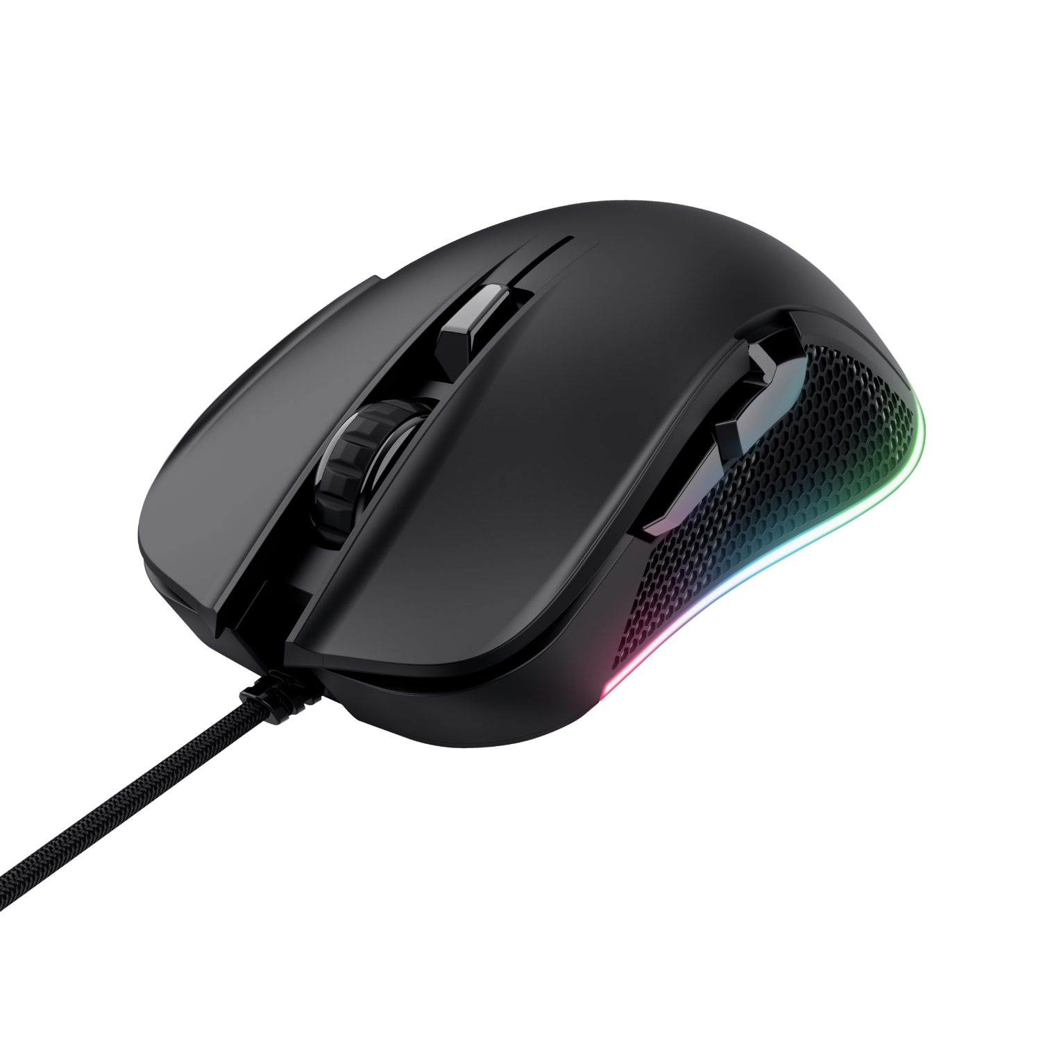 Black gaming mouse with colorful lighting and wheel.