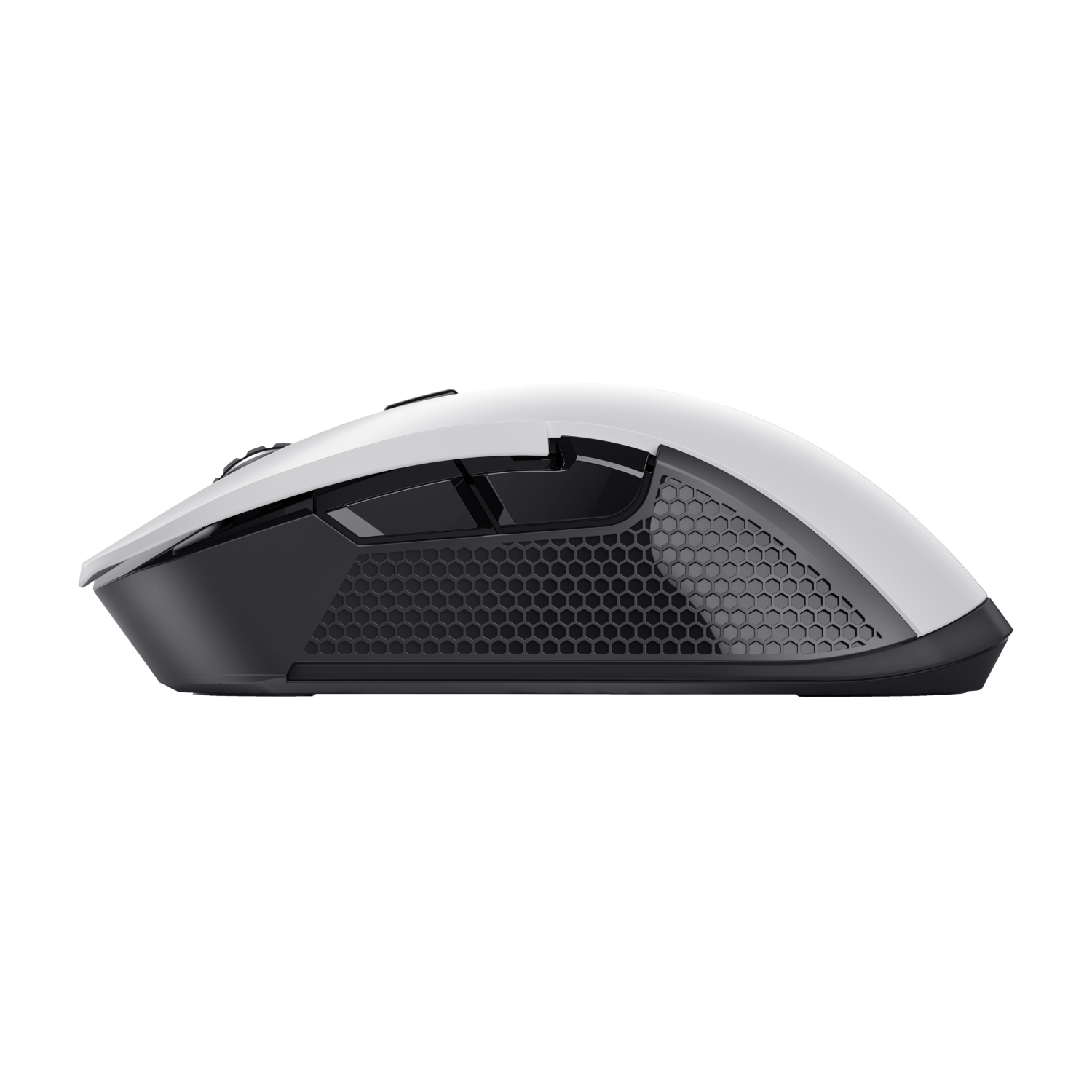 White and black gaming mouse, side view. Has a honeycomb design on the side.