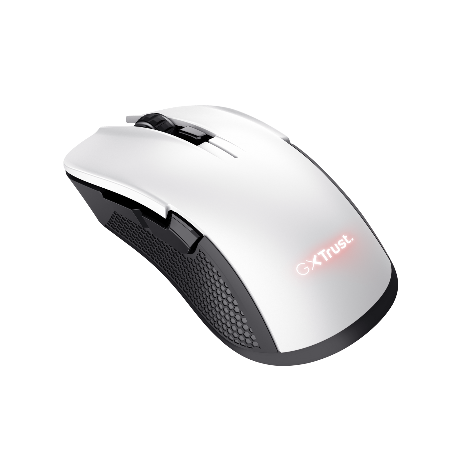 White and black computer mouse with red illuminated logo and a textured side grip.