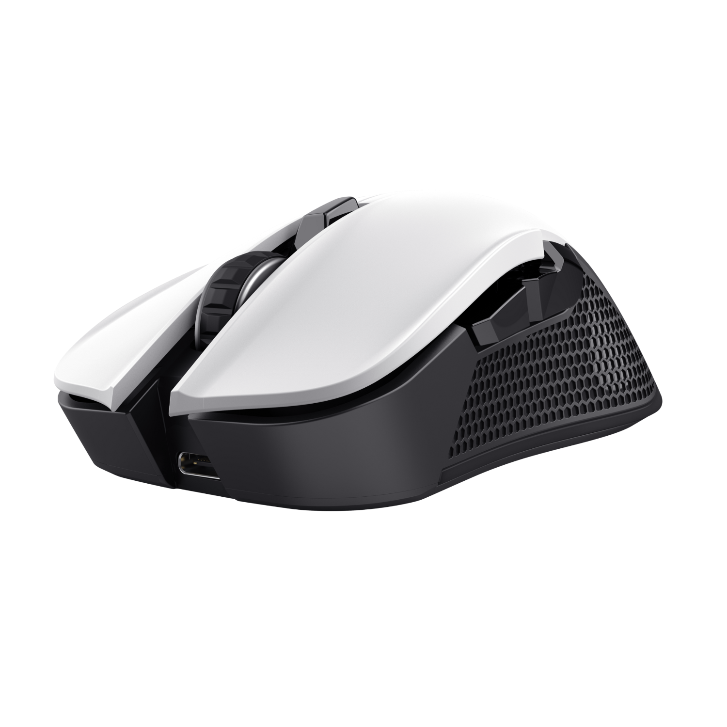 White and black gaming mouse, angled view, on a black background.