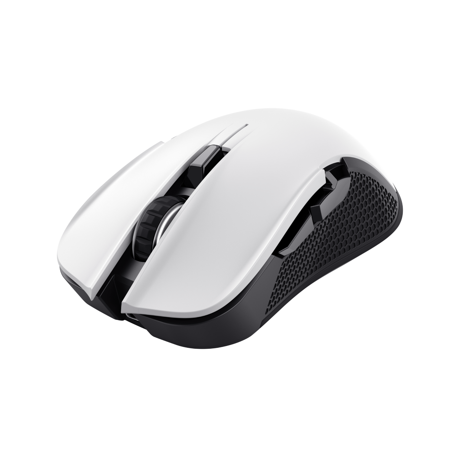 White and black gaming mouse, angled view, black background.