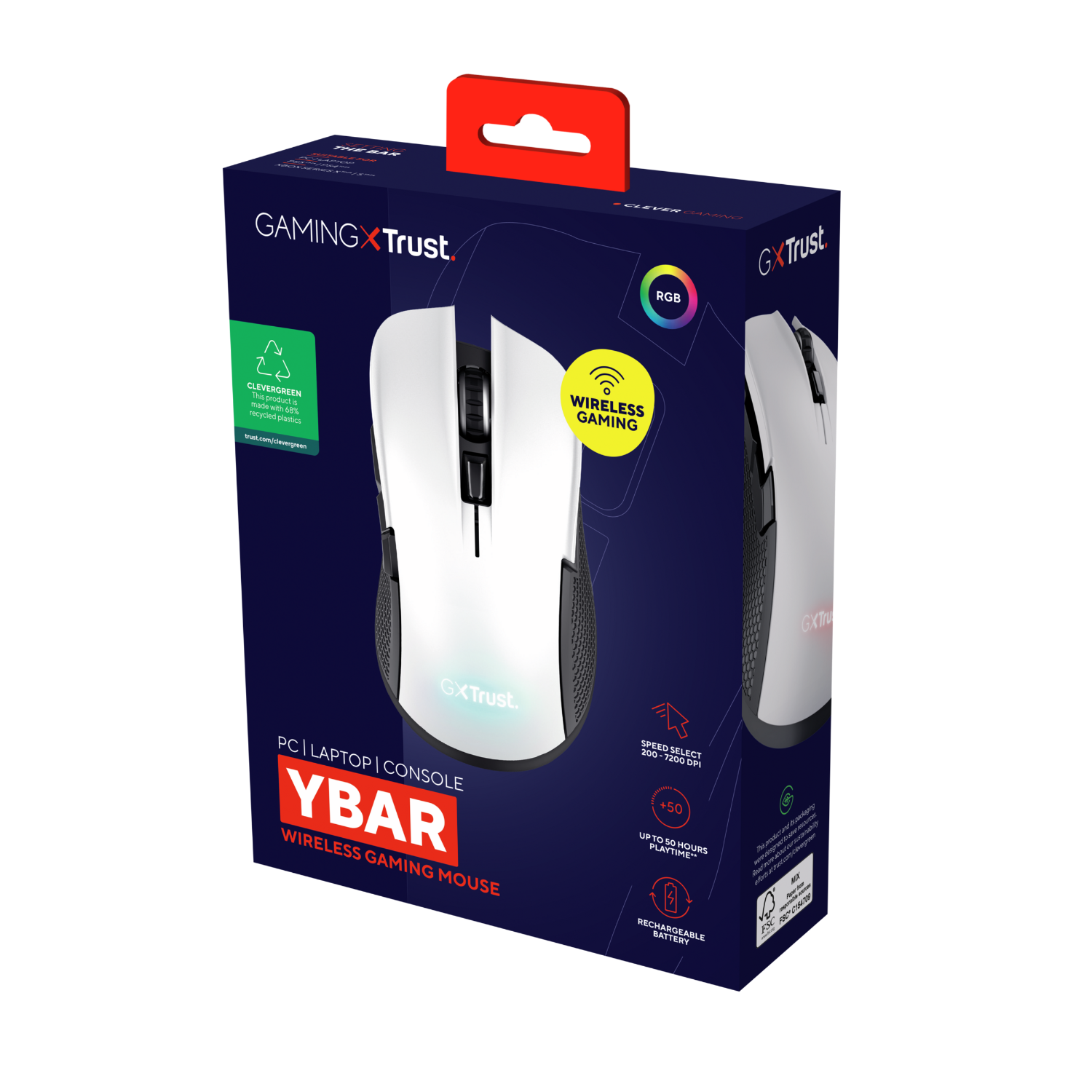 White and black gaming mouse with a box that states 'Wireless Gaming' and 'RGB'.