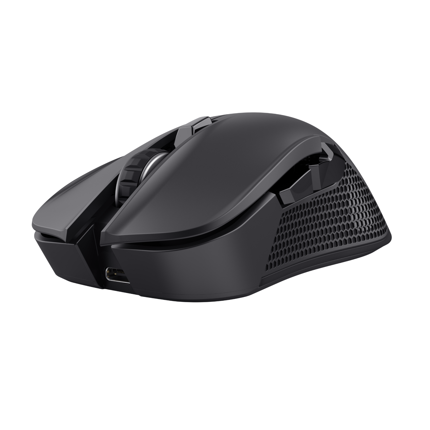 Black wireless mouse, side view, with a honeycomb pattern on the right side.