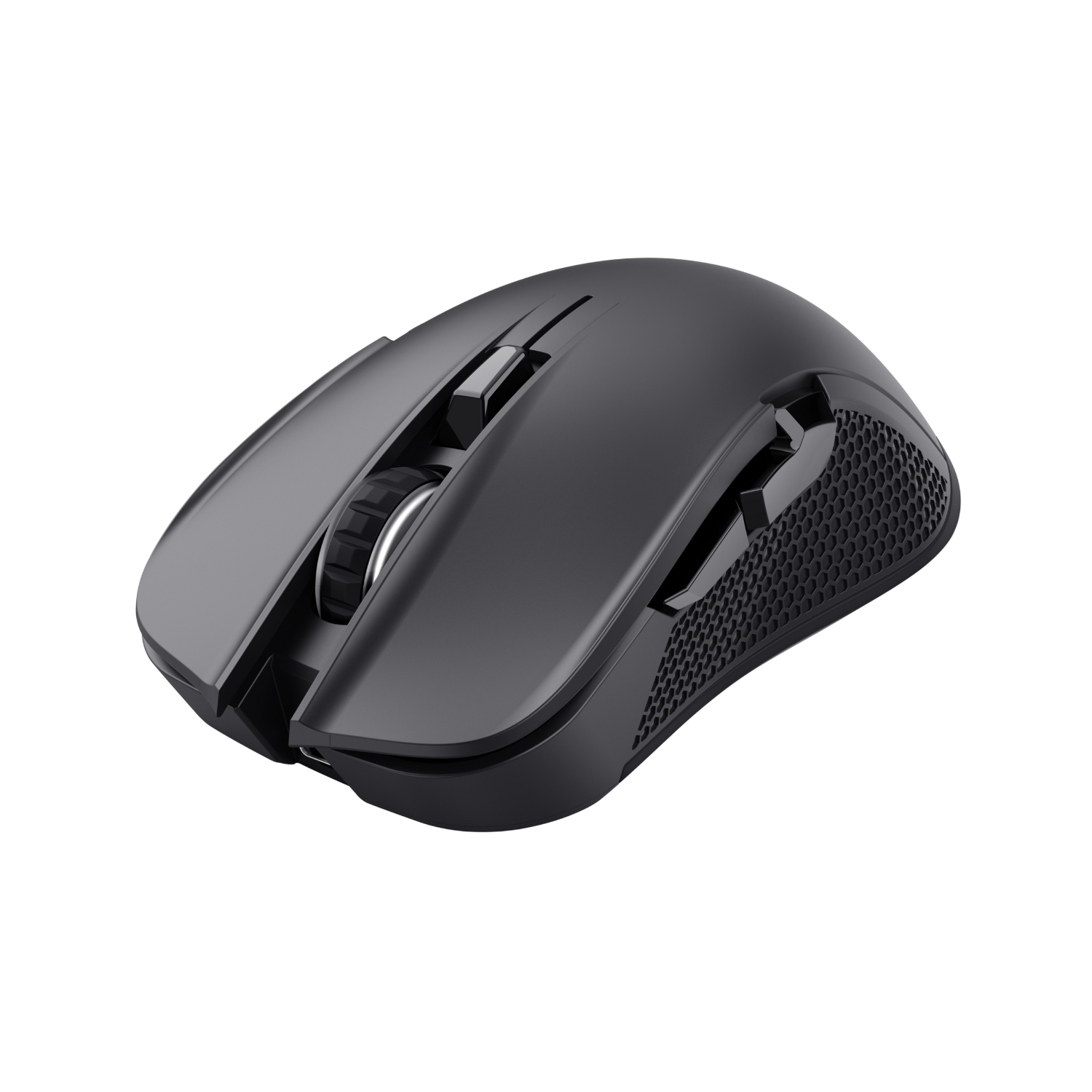 Black gaming mouse. Has buttons, a scroll wheel, and a textured grip area.