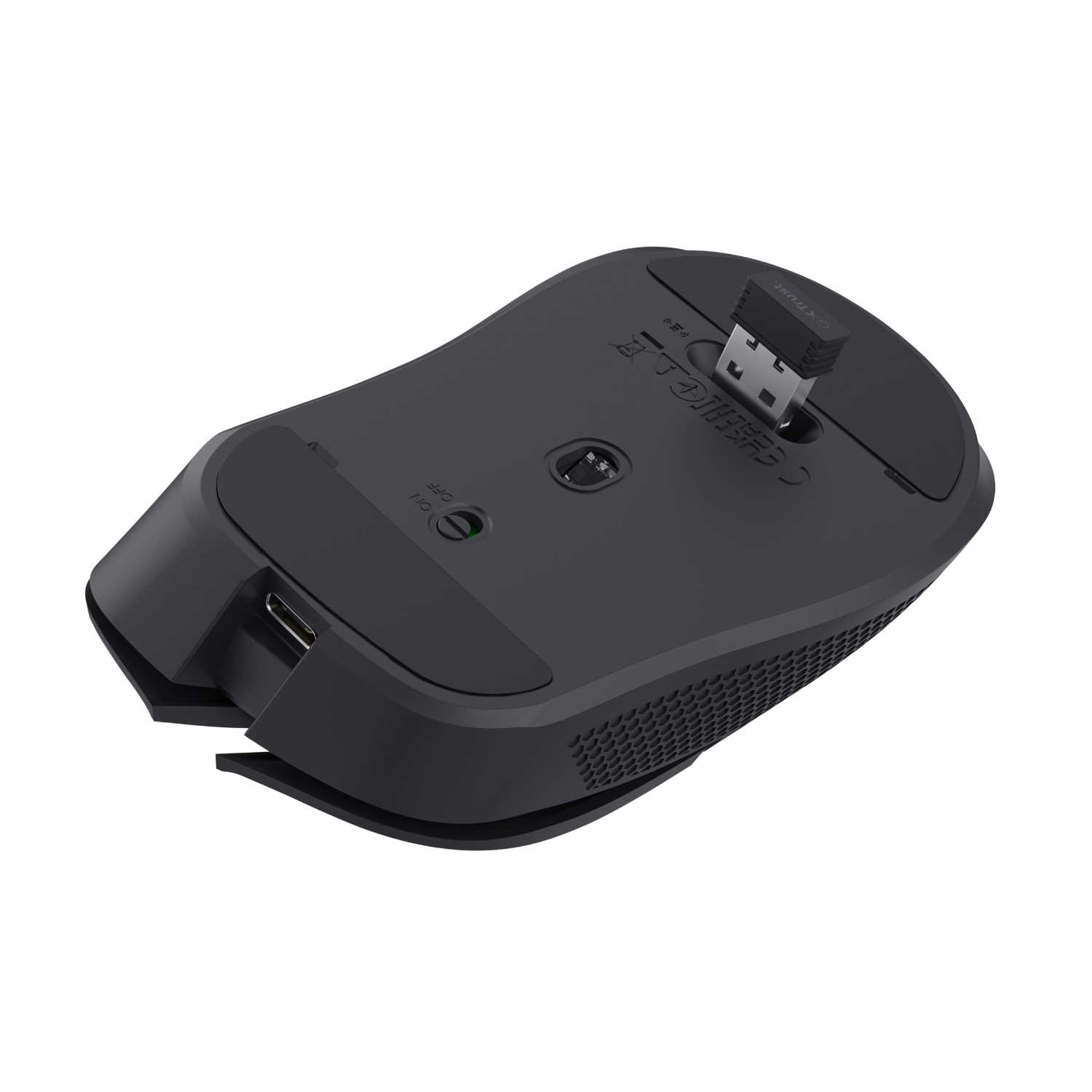 Black wireless mouse with a USB receiver. The mouse is on a black surface.