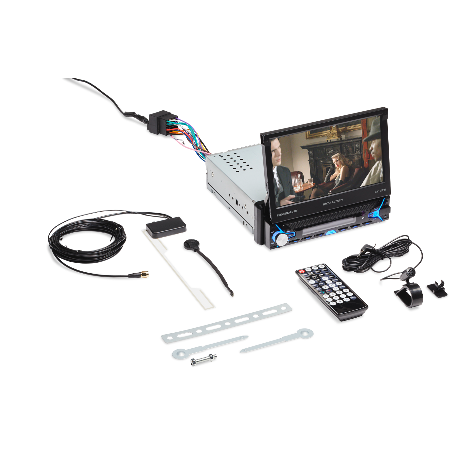Car stereo system components, including a screen, cables, and remote control.