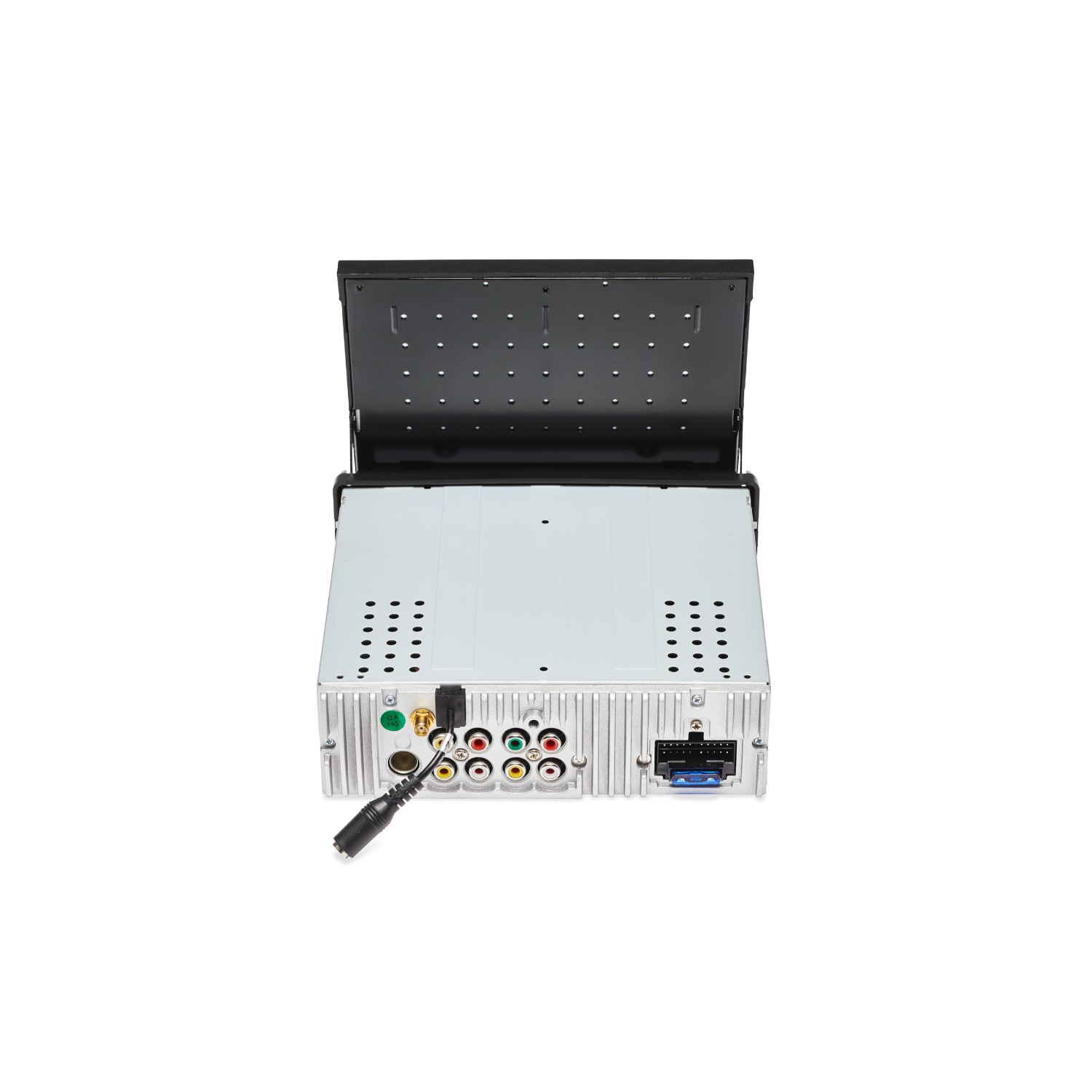 Car stereo unit, rear view, with various input jacks and a connector for a cable.