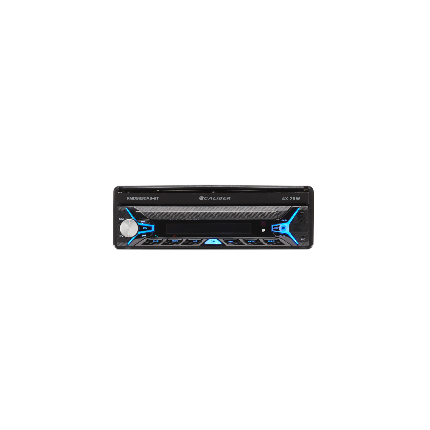A car stereo with buttons and a display. The brand name CALIBER is visible.