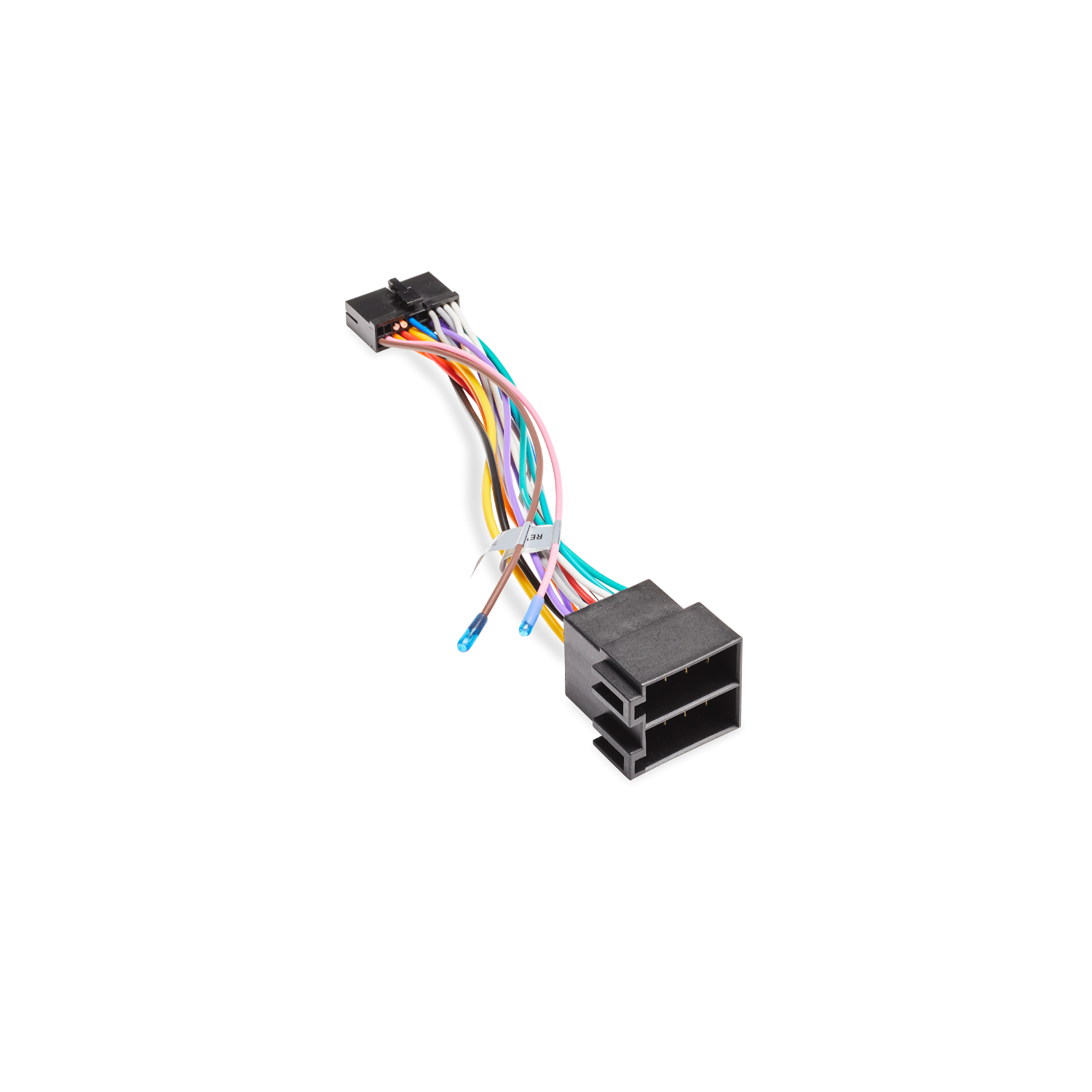 Multi-colored wire connectors on a white background.