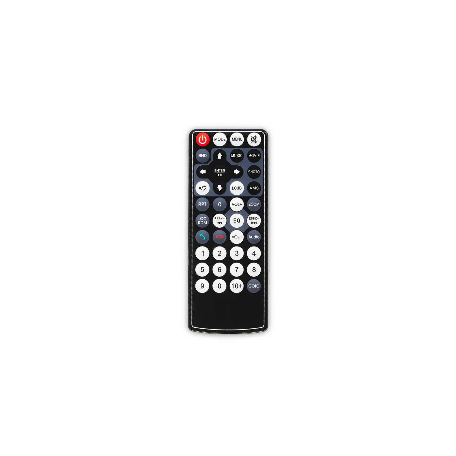 Remote control with buttons labeled: power, menu, music, movie, photo, volume, numbers, and others.