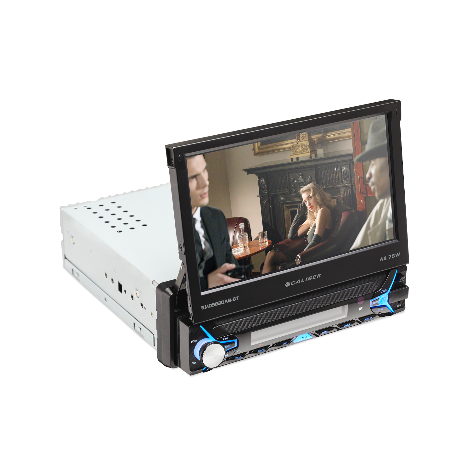 Car stereo screen showing a movie scene with people. Caliber brand logo.