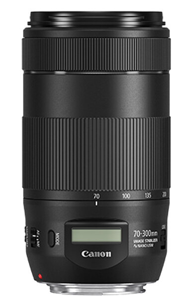 Czarny obiektyw Canon, z numerami 70-300 i elementami sterującymi.