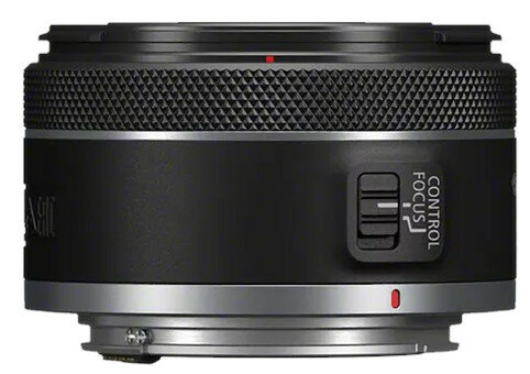 Czarny obiektyw z przyciskiem kontroli ostrości i srebrnym pierścieniem.