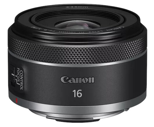 Czarny obiektyw Canon 16mm ze srebrnym pierścieniem i czarną kontrolą. Widoczne logo Canon.