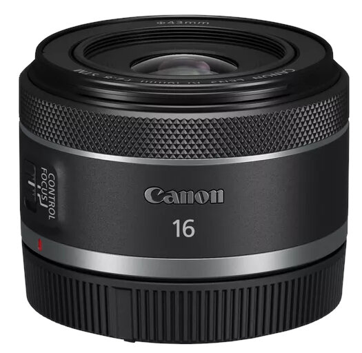 Czarny obiektyw Canon 16mm z ustawieniami ostrości i kontroli. Canon 16 jest napisane na obiektywie.
