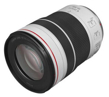 Obiektyw Canon. Czarny i biały z czerwonymi detalami.