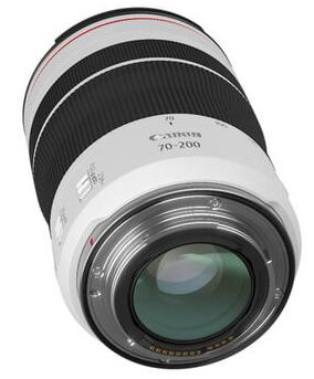 Obiektyw Canon 70-200mm, biało-czarny, widok z ukosa.